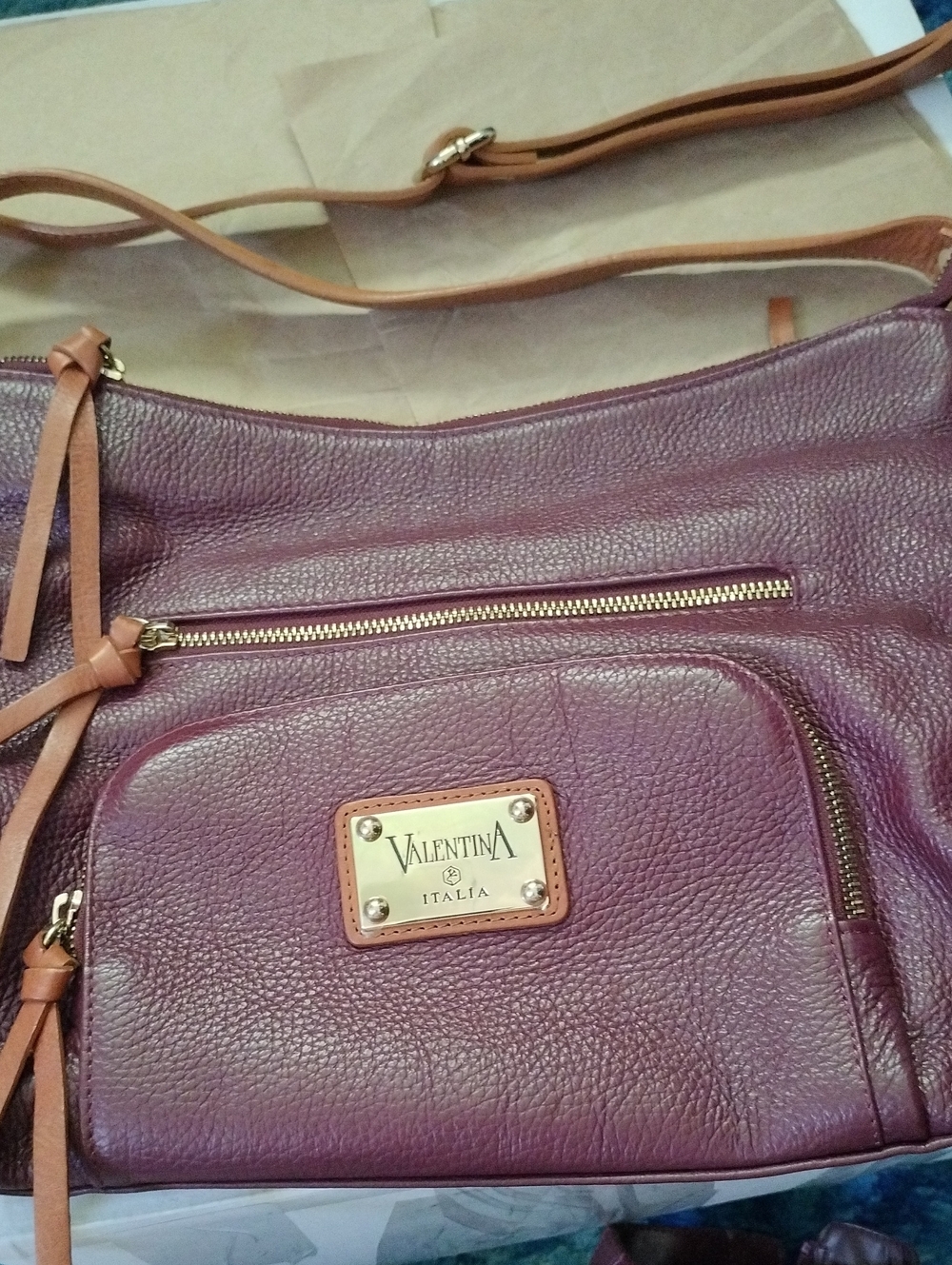Valentina Burgundy Leather Crossbody with Tan Trim